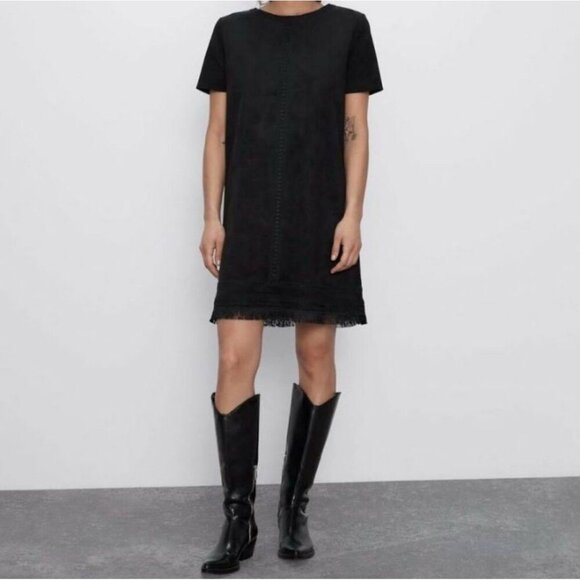 ZARA Black Suede Like Fringe 'NWT' Dress Size Small - Picture 1 of 8